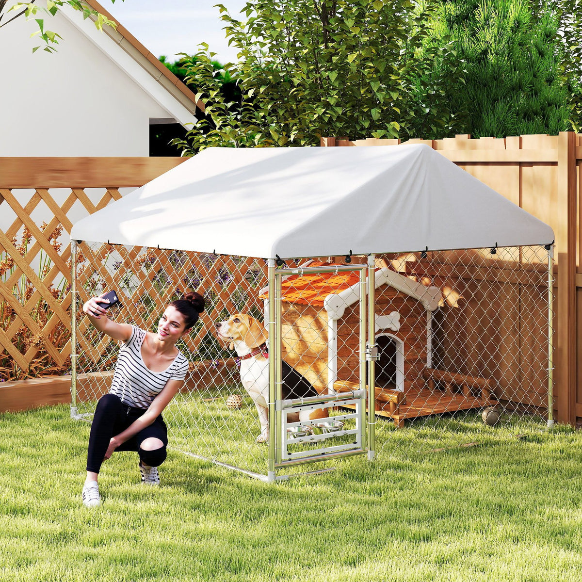 Outdoor Dog Run w/ Adjustable & Rotating Bowls, Water-Resistant UV-Resistant Cover, Secure Lock, 6.6' x 6.6' x 5.1'