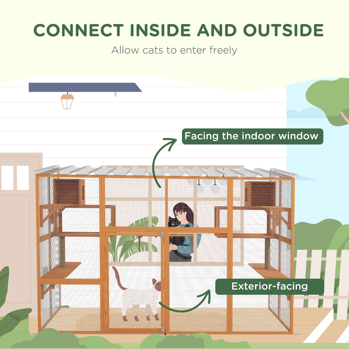 Large Outdoor Catio with 2 Condos, Jumping Platforms, Waterproof Roof, Orange