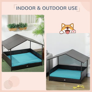 Rattan Dog House with Canopy, Wicker Dog Bed with Water-Resistant Cushion, for Small and Medium Breeds Blue – view 3