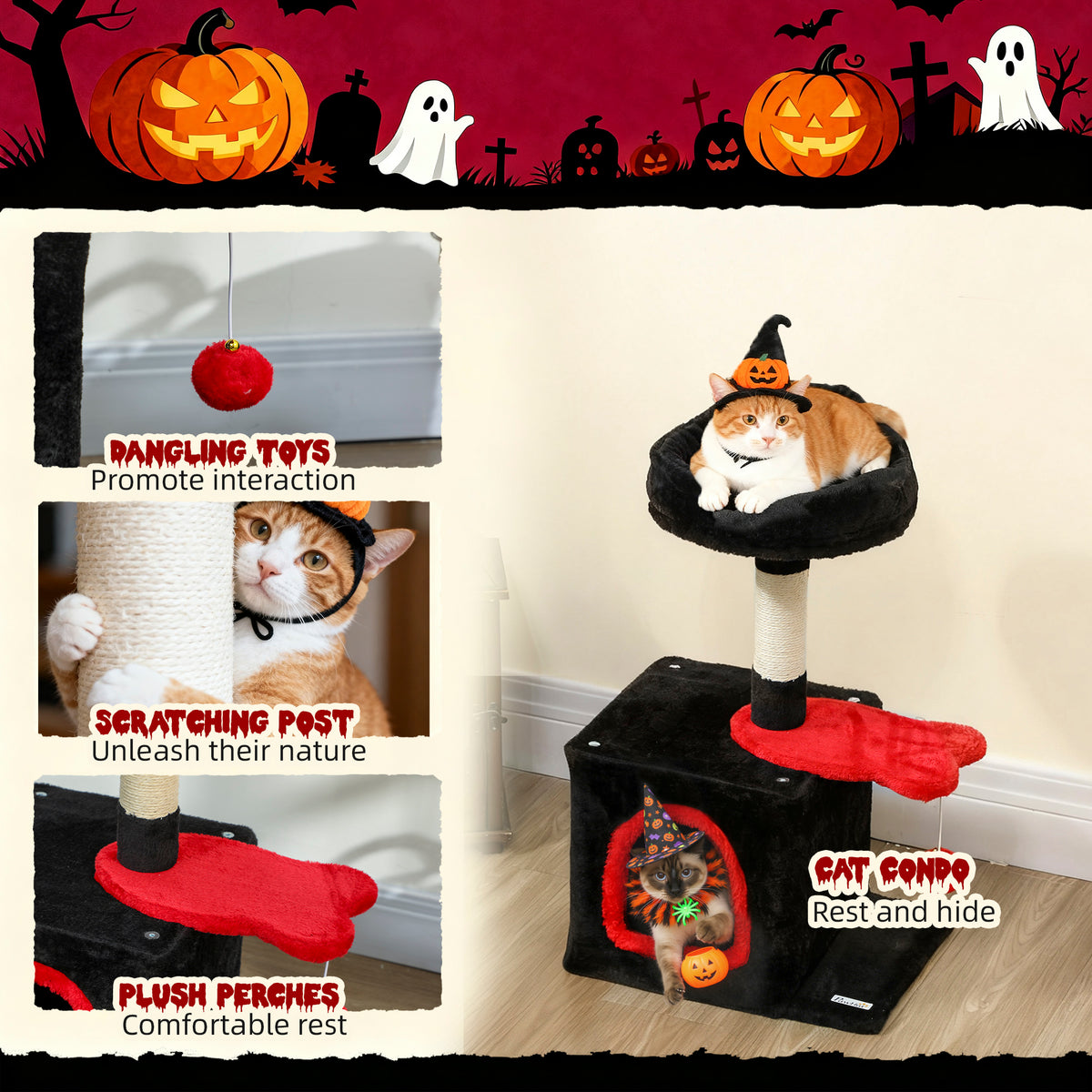 28" Cat Tree Tower with Plush Top Bed, Cozy Condo, Sisal Scratching Post, Perch, Dangling Ball, Beige and Yellow