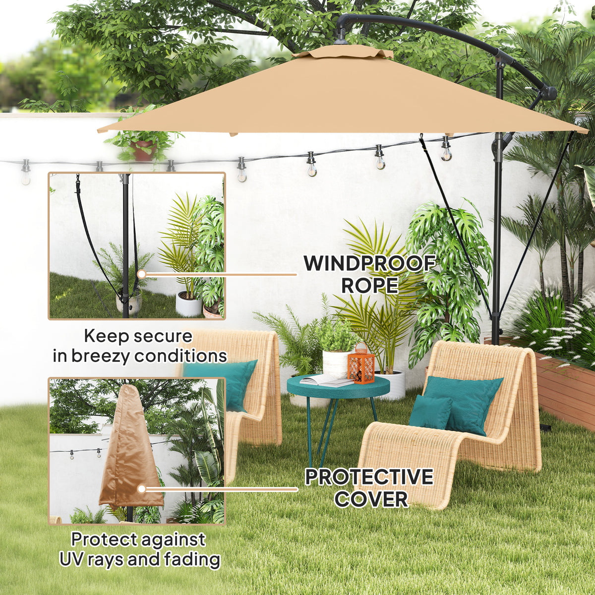 9.5' Cantilever Umbrella with Wind Protection Strap and Cover, Hanging Umbrella with Crank and Cross Base, UPF 50+, Grey