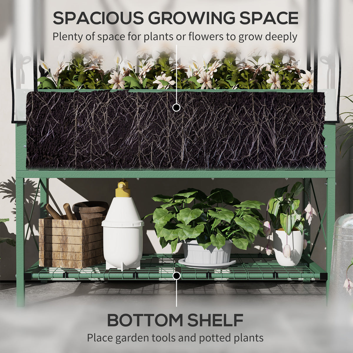 Raised Garden Bed with Cover, Metal Elevated Planter Box with Bottom Shelf and Liner, Black – view 25