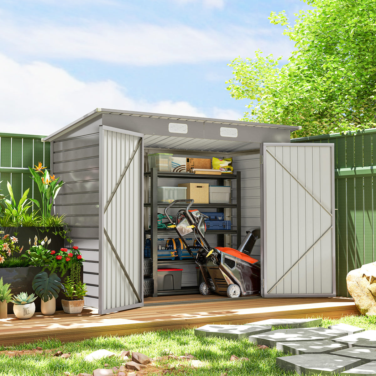 8 x 4FT Galvanized Garden Storage Shed, Metal Outdoor Shed with Double Doors and 2 Vents, Oak – view 35