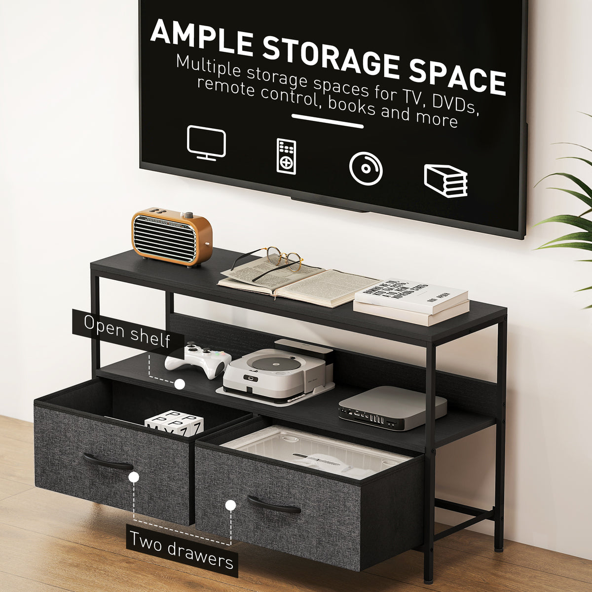 TV Stand with Charging Station, TV Table with 2 Foldable Linen Drawers and Open Shelf for 47 Inch – view 4