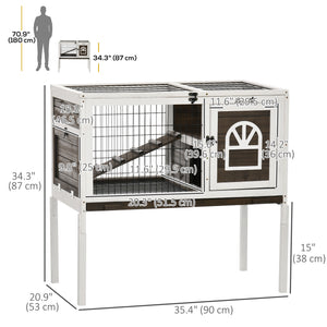 Rabbit Hutch Dual-Height Design Bunny House with Run Slide-Out Tray White and Coffee