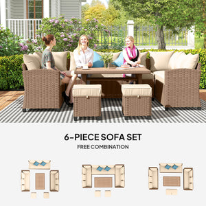 6 Pieces Patio Furniture Set, Outdoor Wicker Sofa Set, All Weather PE Rattan Conversation Furniture, with Strip Wood Grain Plastic Coffee Table & Cushions, Khaki