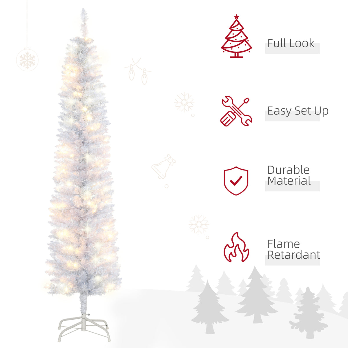 6ft Tall Prelit Pencil Artificial Christmas Tree, Holiday Décor with 395 Realistic Branches, 100 LED Lights, Foldable Metal Base, White
