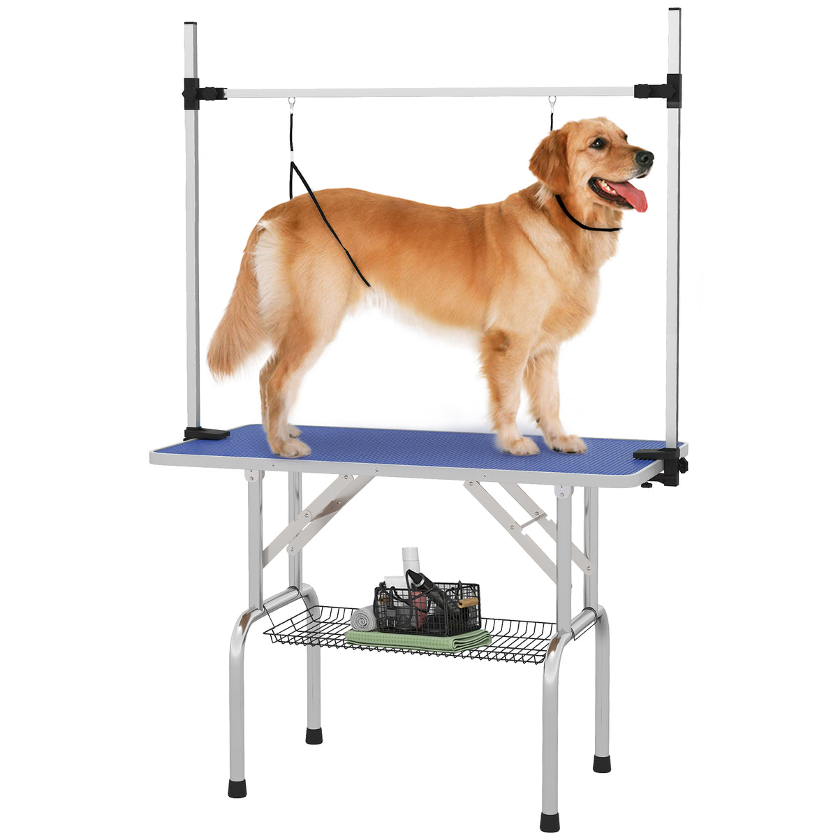 Adjustable Dog Grooming Table with 2 Safety Slings, Storage Basket, Black – view 8