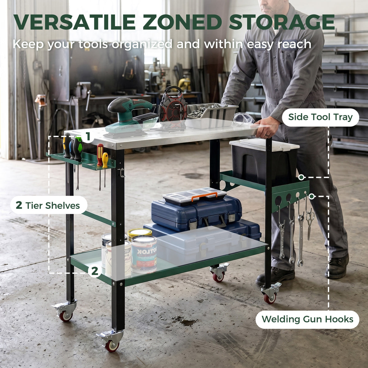 2Tier Rolling Welding Table, Lockable Steel Heavy Duty Welding Workbench Table with Side Tray, Silver & Green