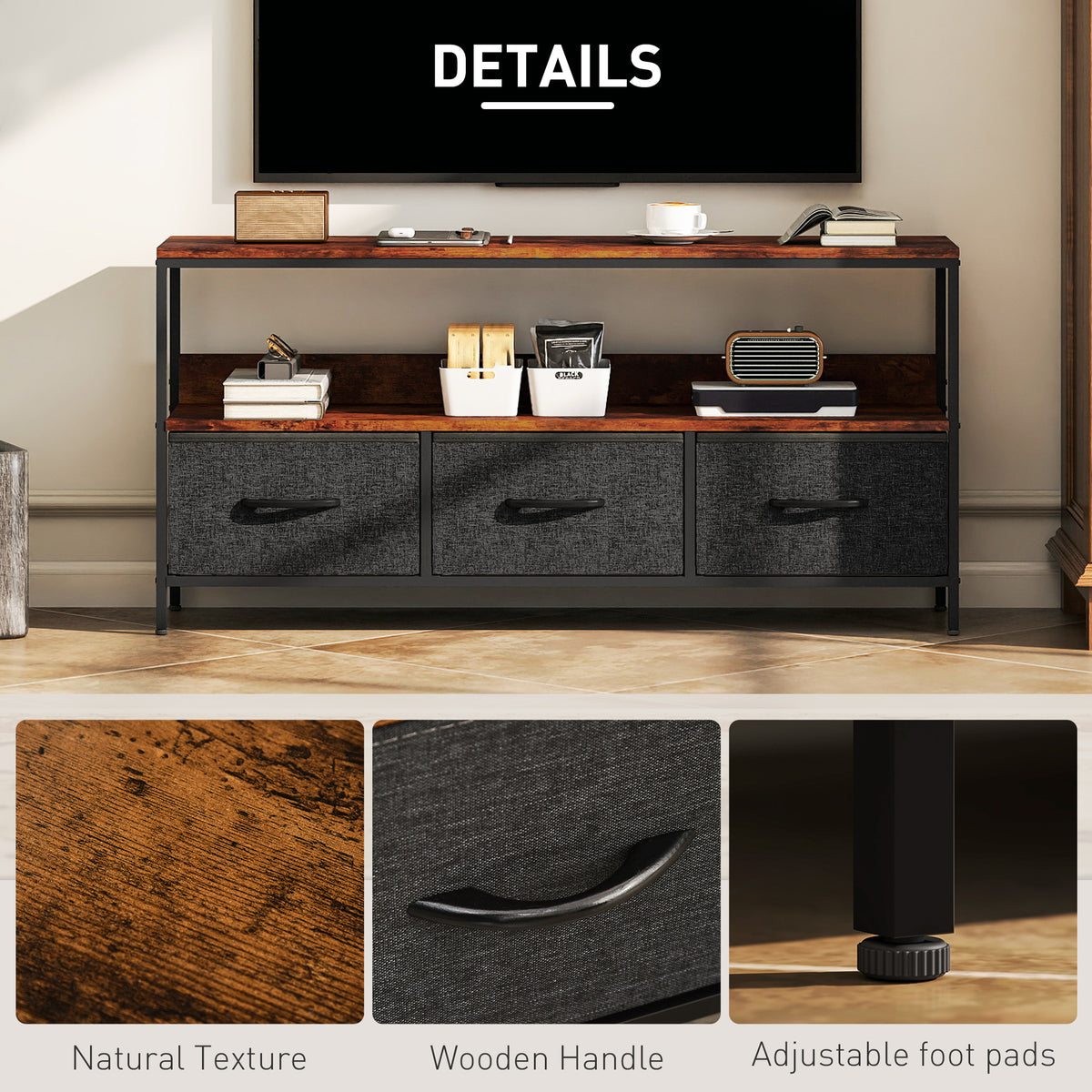 TV Stand with Charging Station, TV Table with 2 Foldable Linen Drawers and Open Shelf for 47 Inch – view 26
