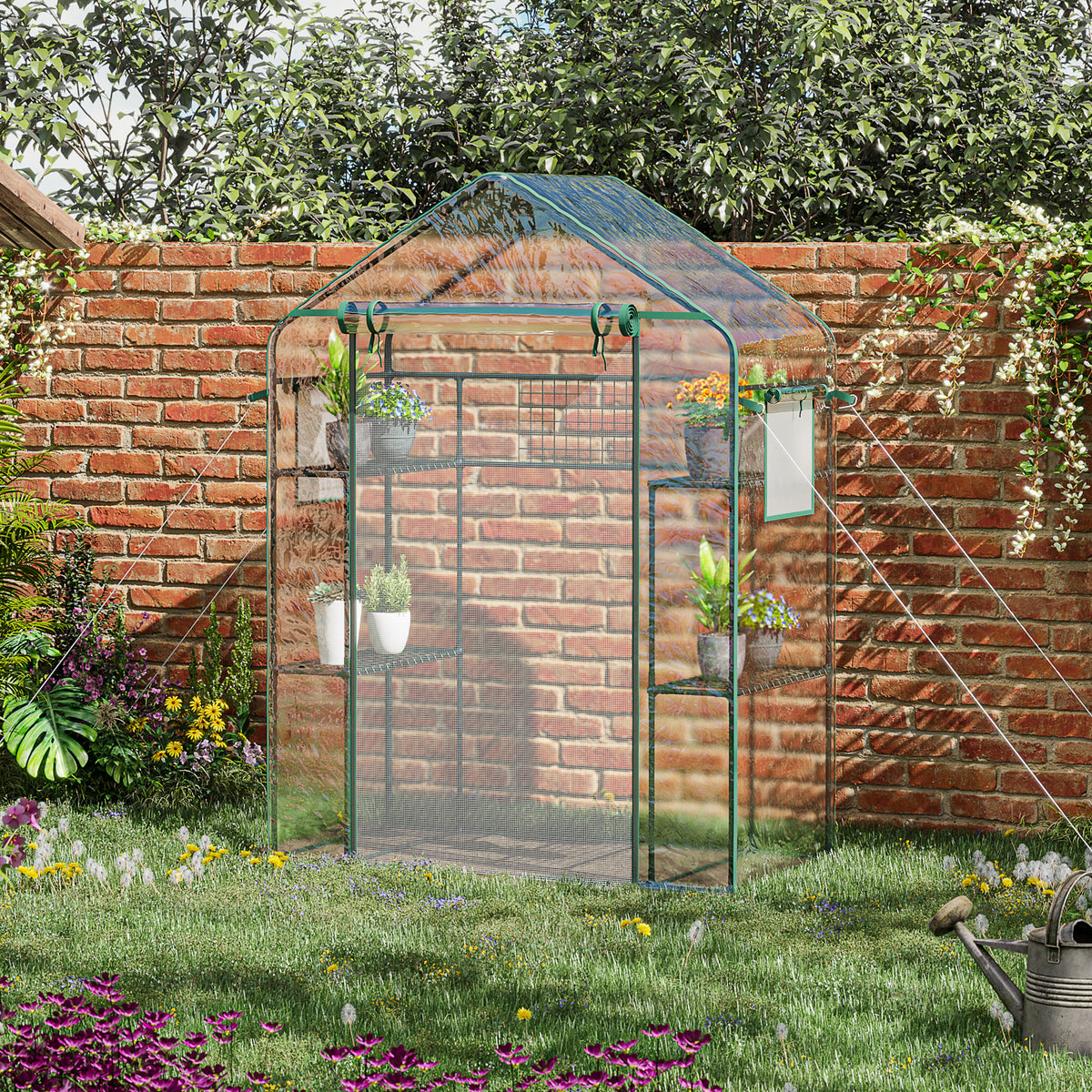 Walk-in Greenhouse with 4 Shelves, 56" x 29" x 77" Mini Greenhouse ,Roll-Up Door, Mesh Windows for Seedling, Flowers, Plant Growing, Clear