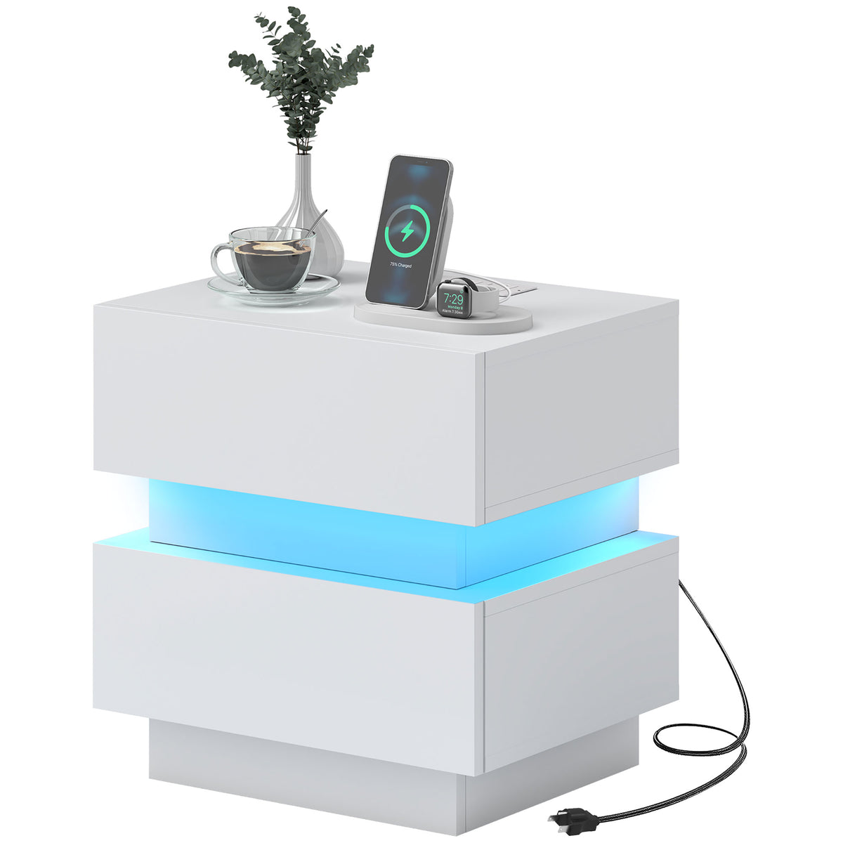 Bedside Table with Charging Station and LED Light Modern Nightstand with USB Ports AC Outlets Drawers – view 8