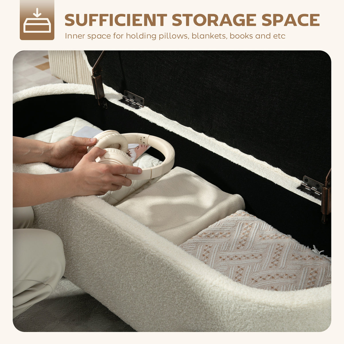 Storage Ottoman with Lift-Up Lid and Steel Legs, 45 Inches Sherpa Fleece Storage Chest for Living Room, Cream White