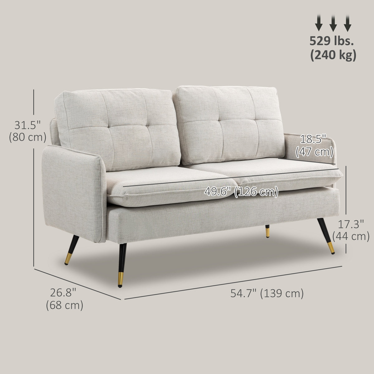 55" Loveseat Sofa, Linen Love Seat w/ S spring, Steel Legs and Button Tufting, Small Couch for Living Room – view 9