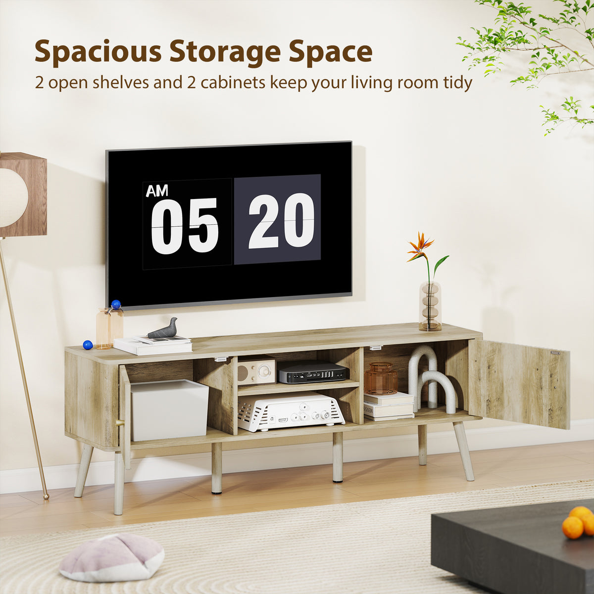 TV Stand for 65 Inch Television, Entertainment Center with Adjustable Shelves and Pine Wood Legs for Living Room, Oak