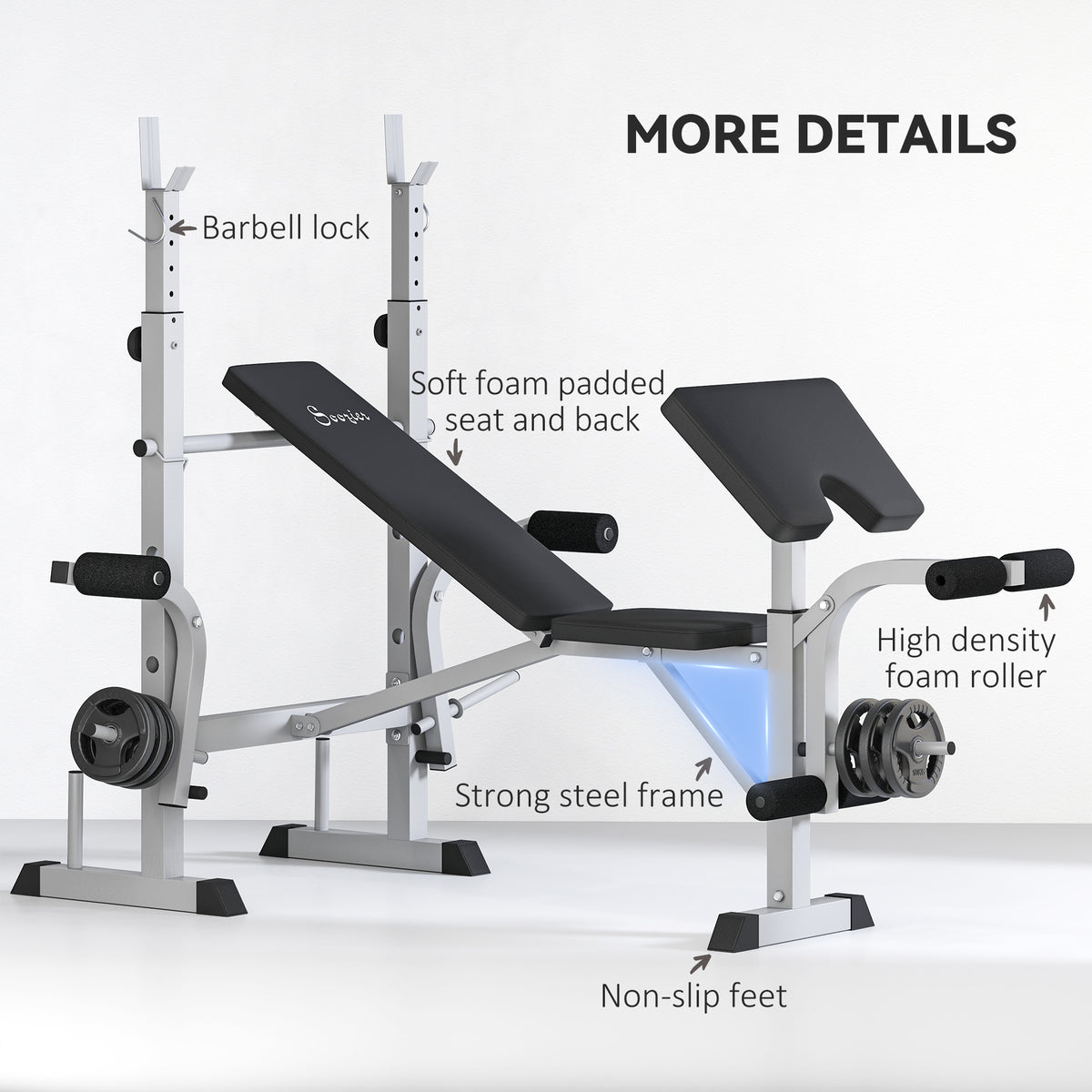 Soozier Bench Press Set Adjustable Weight Bench with Squat Rack, Preacher Curl Pad, Leg Developer and Weight Storage