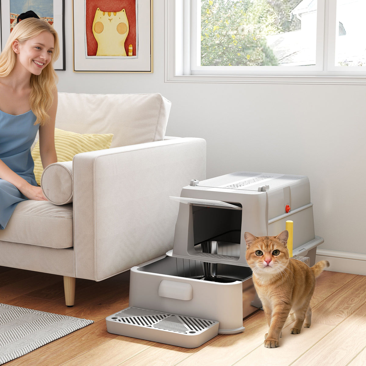 80L XL Stainless Steel Cat Litter Box for Big Cats with Flip Cover, Pull-Out Drawer Tray, High Sided – view 14