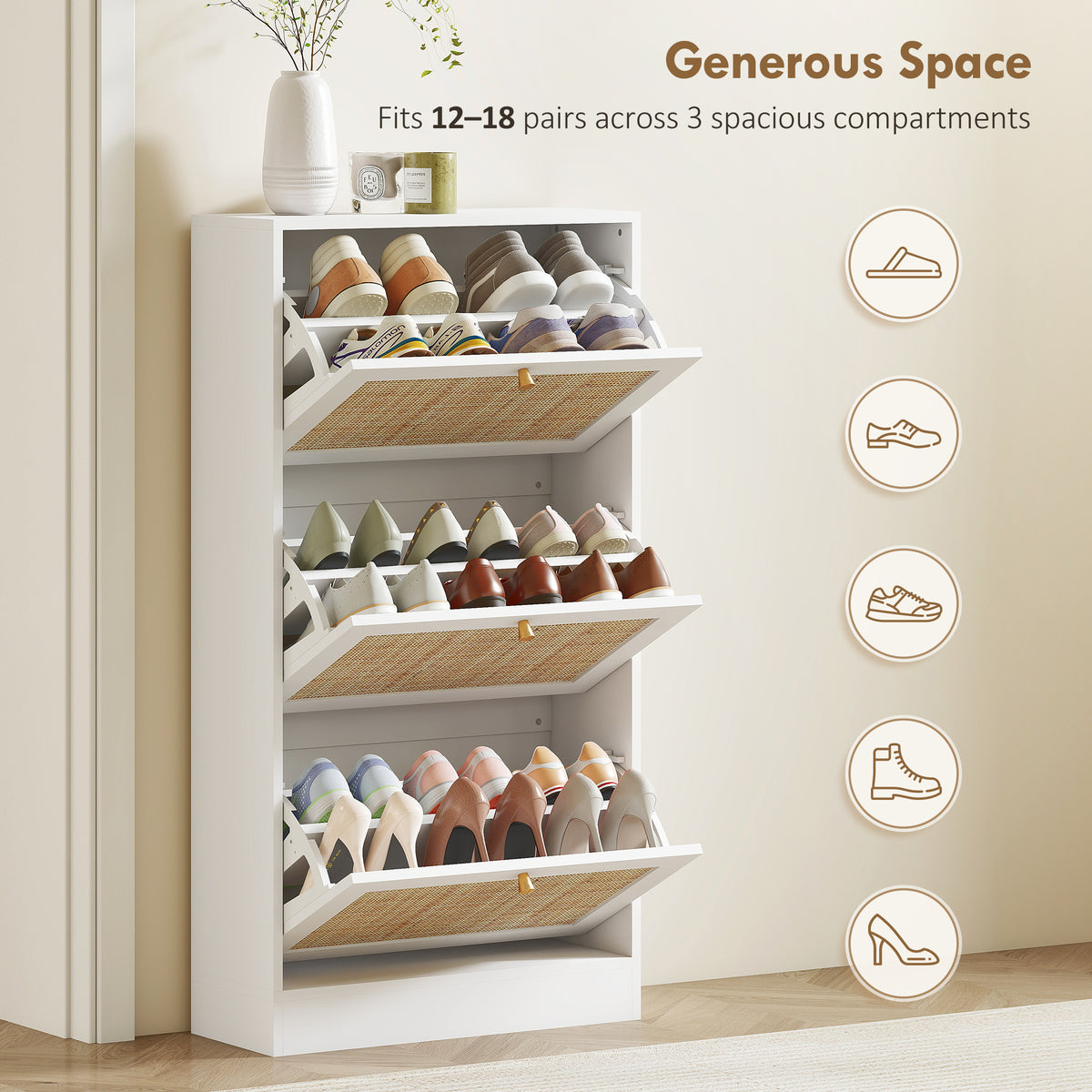 Rattan Shoe Storage Cabinet with 3 Flip Drawers and Adjustable Shelves, Entryway Shoe Cabinet for 18 Pairs – view 17
