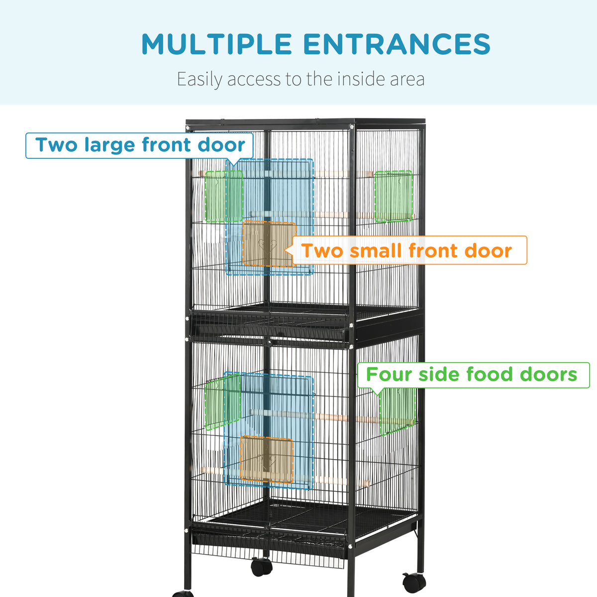 55.1" 2 In 1 Bird Cage Aviary Parakeet House for finches, budgies with Wheels, Slide-out Trays, Wood Perch, Food Containers, Black