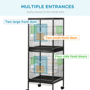 55.1" 2 In 1 Bird Cage Aviary Parakeet House for finches, budgies with Wheels, Slide-out Trays, Wood Perch, Food Containers, Black