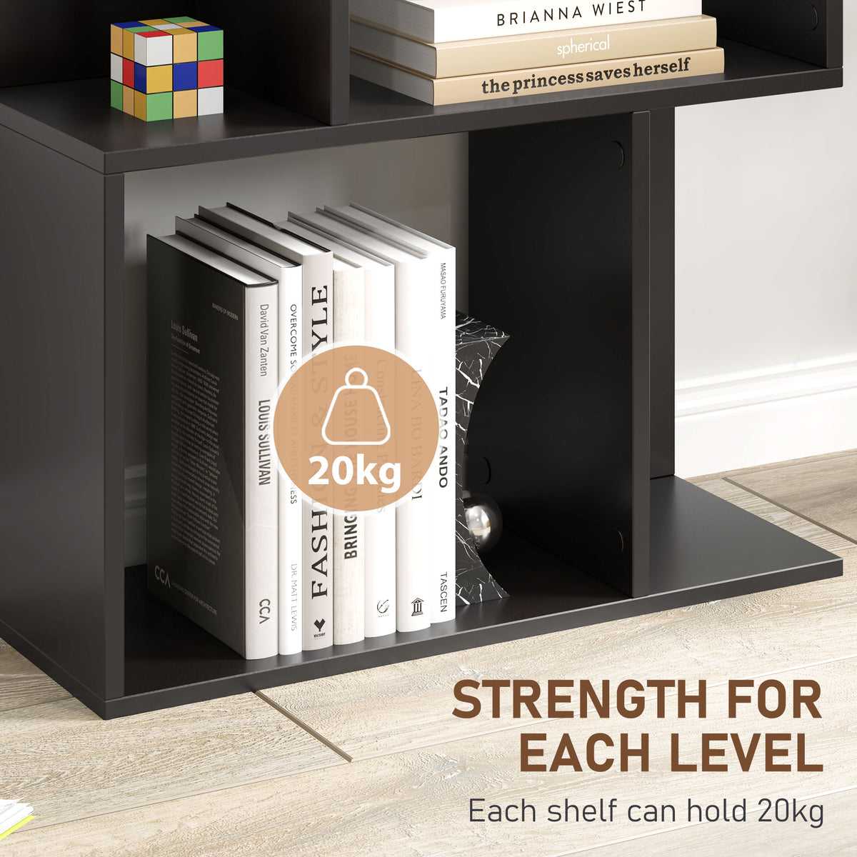 5-Tier Geometric Bookshelf, S Shaped Bookcase, Modern Freestanding Display Shelf Unit for Home Office, Black