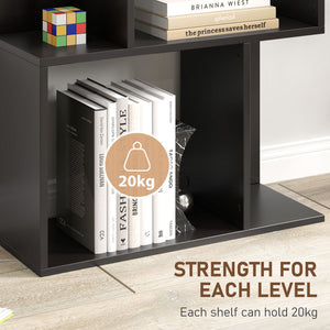 5-Tier Geometric Bookshelf, S Shaped Bookcase, Modern Freestanding Display Shelf Unit for Home Office, Black