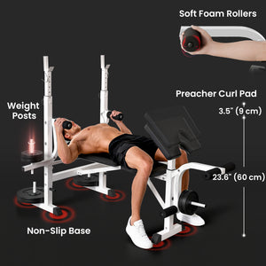 Soozier Bench Press Set Adjustable Weight Bench with Squat Rack, Preacher Curl Pad, Leg Developer and Weight Storage