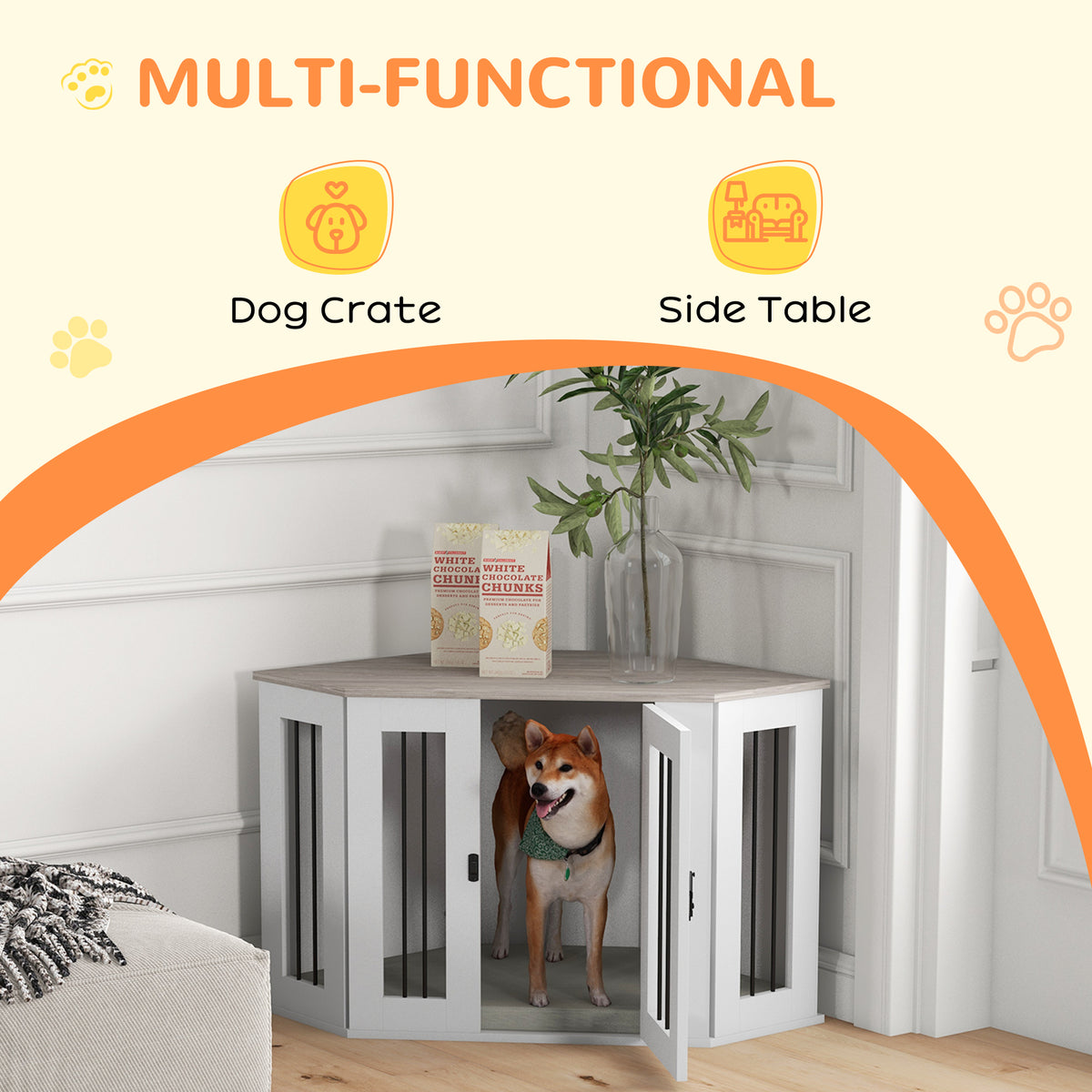 Dog Crate Furniture with Cushion, 41 Inch Corner Design Dog Crate End Table for Medium Dogs, Multi Colour