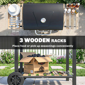 20" Charcoal BBQ Grill Barbecue on Wheels with Adjustable Charcoal Pan, Spacious Cooking Area, 3 Shelves, Thermometer