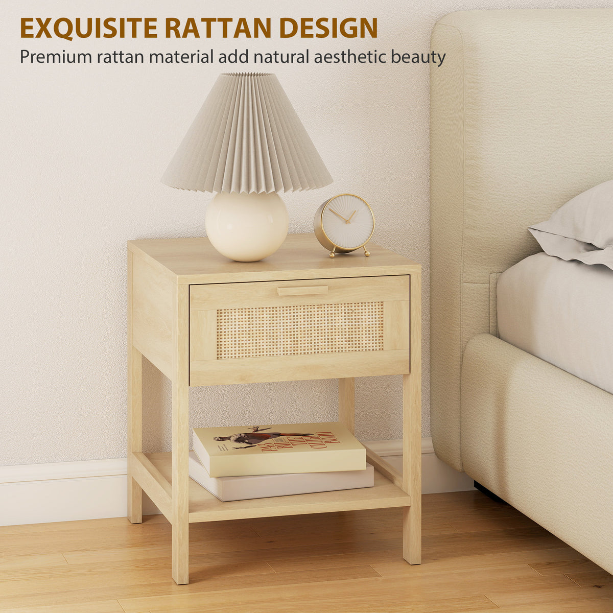 Narrow Nightstand with Rattan Elements, Bedside Table with Drawer and Storage Shelf for Bedroom, Natural – view 10