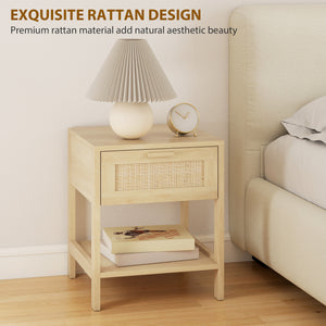 Narrow Nightstand with Rattan Elements, Bedside Table with Drawer and Storage Shelf for Bedroom, Natural – view 10