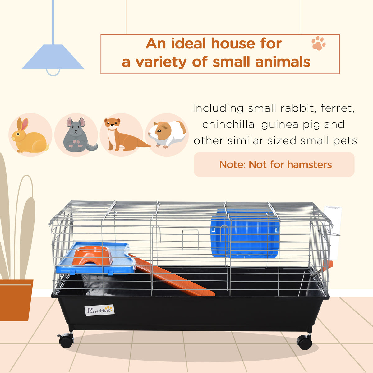 Small Animal Cage, Rolling Bunny Cage, Guinea Pig Cage with Food Dish, Water Bottle, Hay Feeder, Platform – view 3