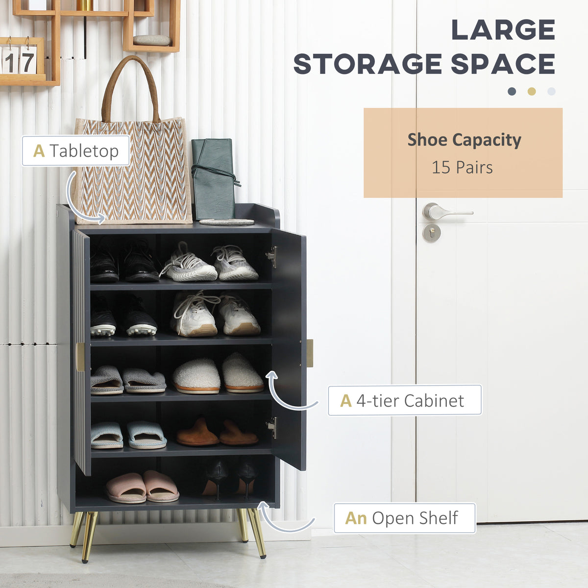 Entryway Shoe Storage Cabinet, Narrow Shoe Cabinet with Adjustable Shelves and Open Shelf for 15 Pairs of – view 3