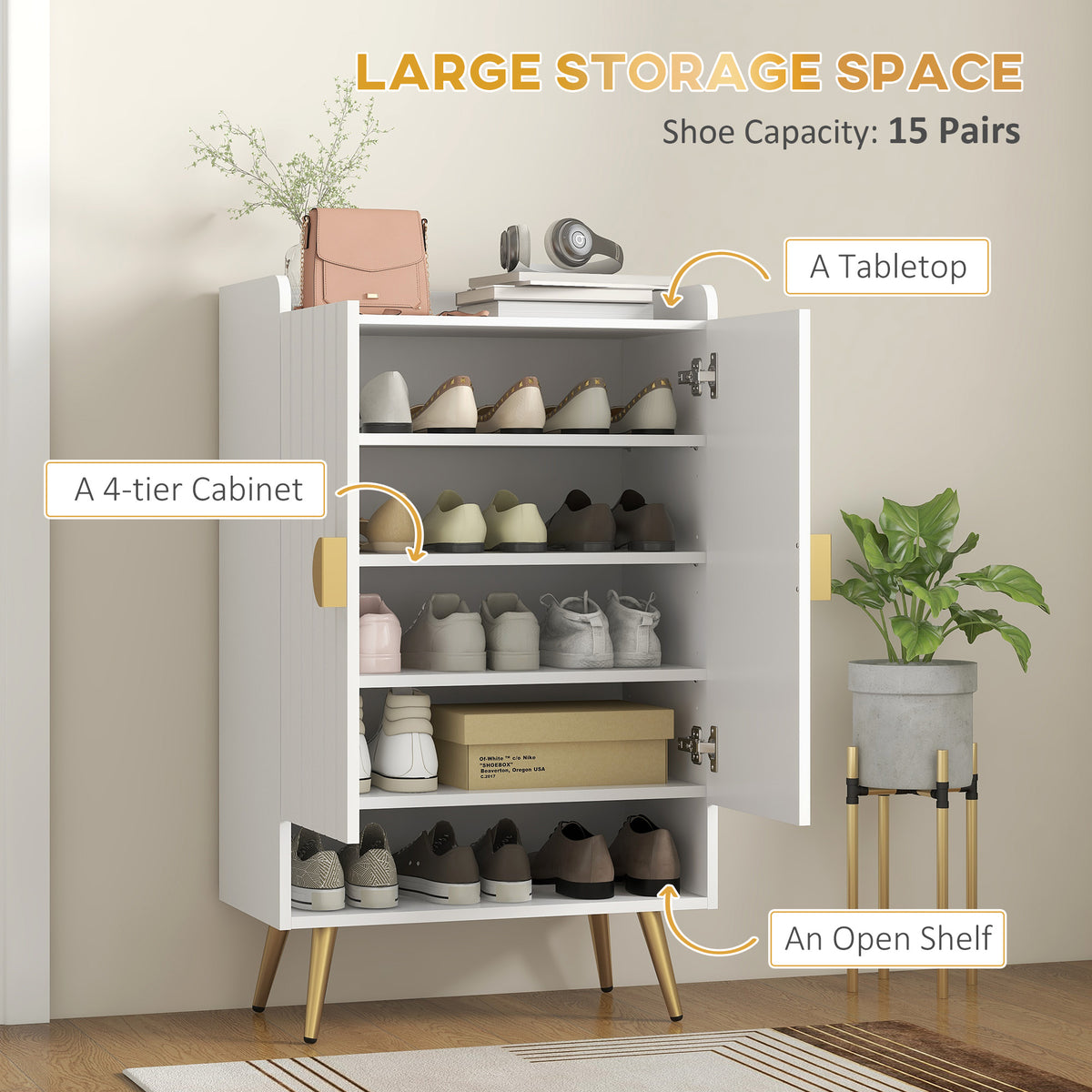Entryway Shoe Storage Cabinet, Narrow Shoe Cabinet with Adjustable Shelves and Open Shelf for 15 Pairs of – view 17