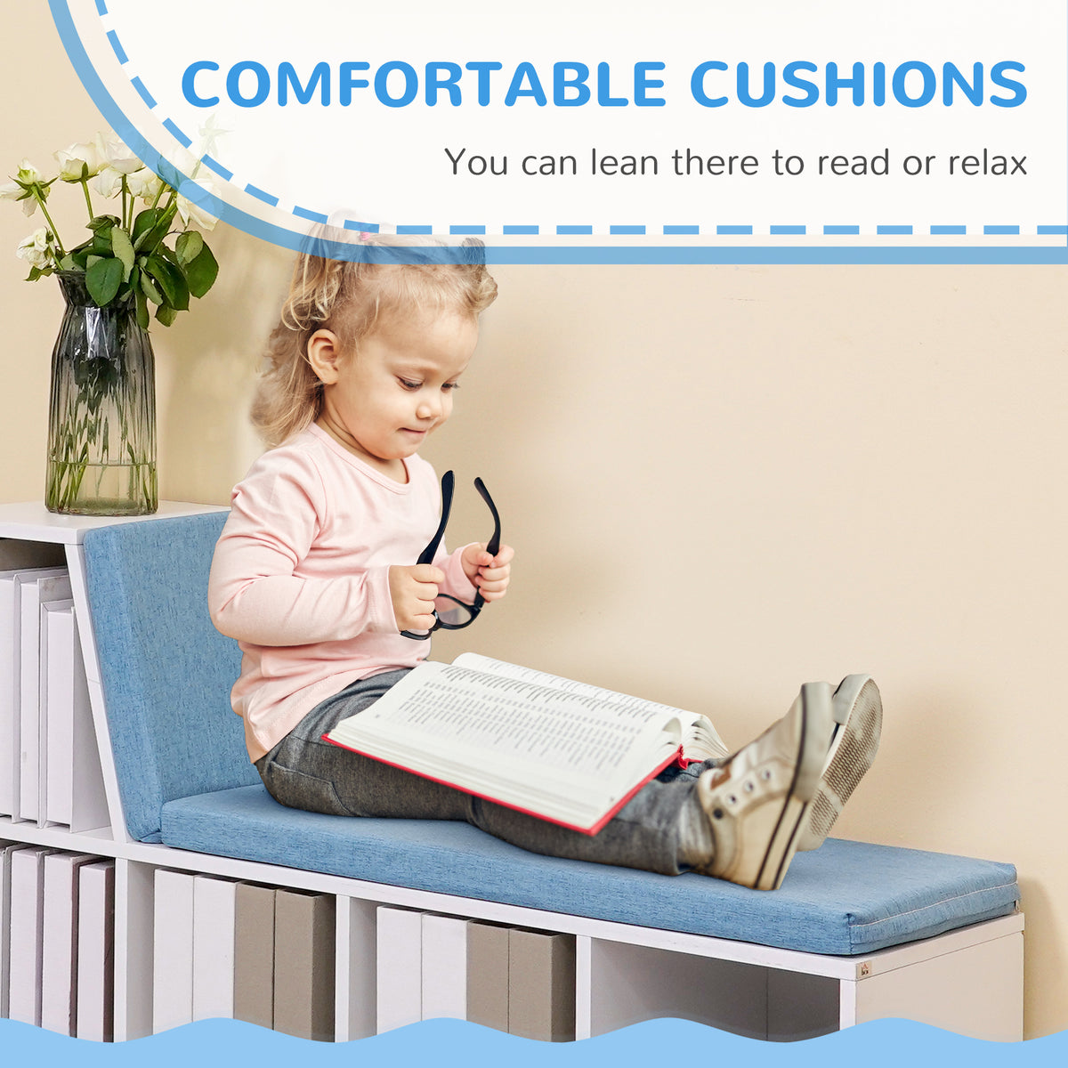 Multi-Purpose Bookshelf with 5 Cubes, 5-Cubby Bookcase with Cushioned Reading Nook and Storage Shelves, Blue – view 5