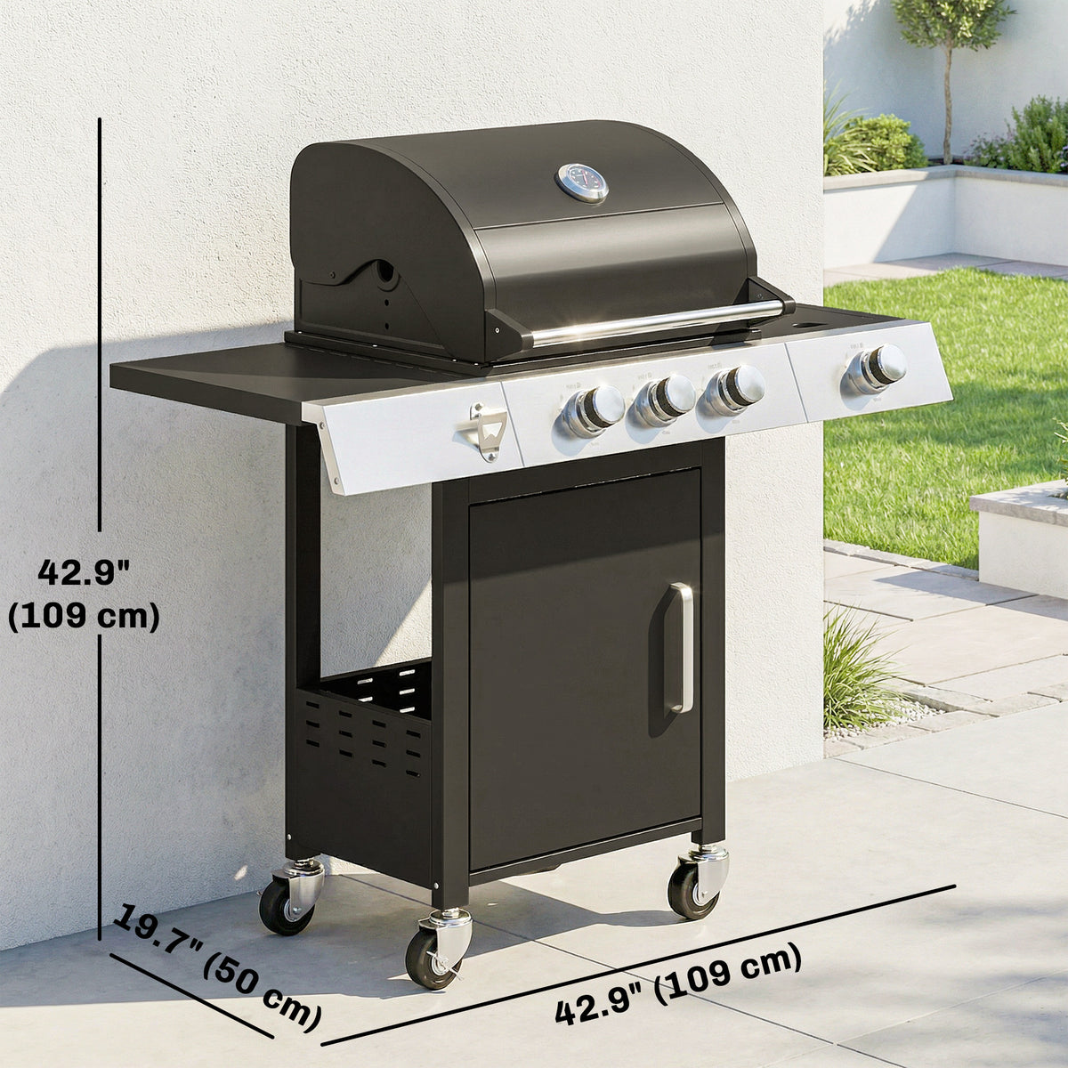 3 Burner Propane Gas Grill with Side Burner, 36,000 BTU BBQ Grill with Cast Iron Grates, Wheels, Warming Rack, Cabinet