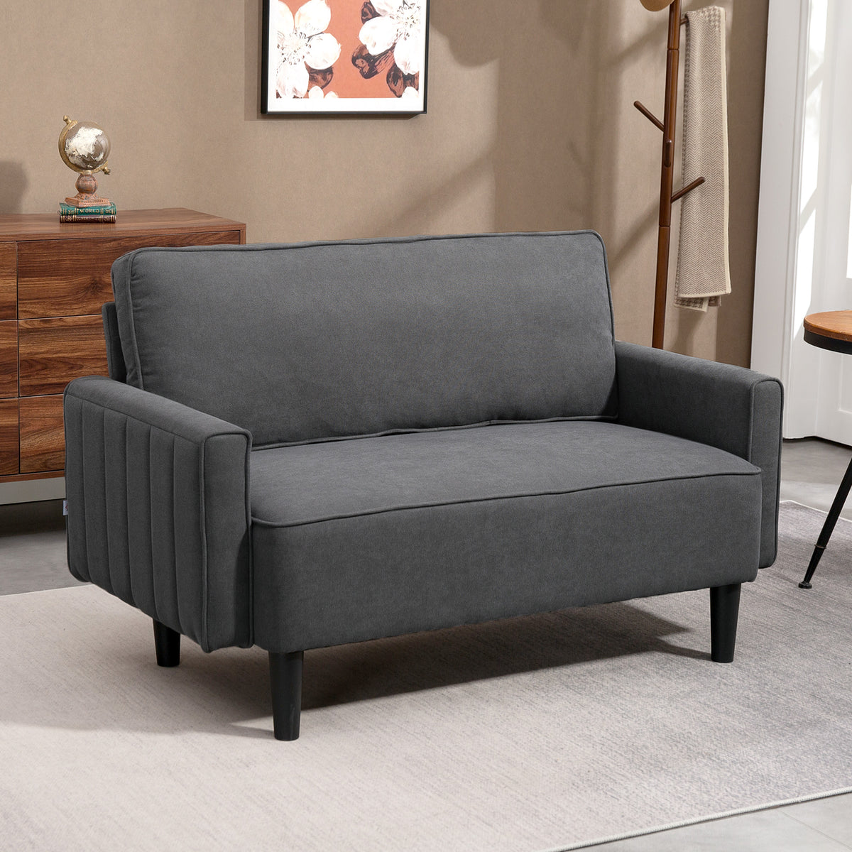 Loveseat Sofa, Linen 2 Seater Sofa Couch with Thick Padded Seat & Backrest for Living Room, Home Office, Dark Grey