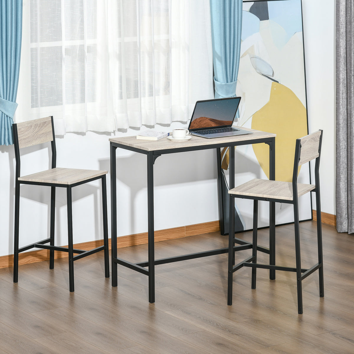 Industrial Bar Table Set Counter Height 3 Piece and 2 High Back Stools Set Dining Table Set Natural Wood