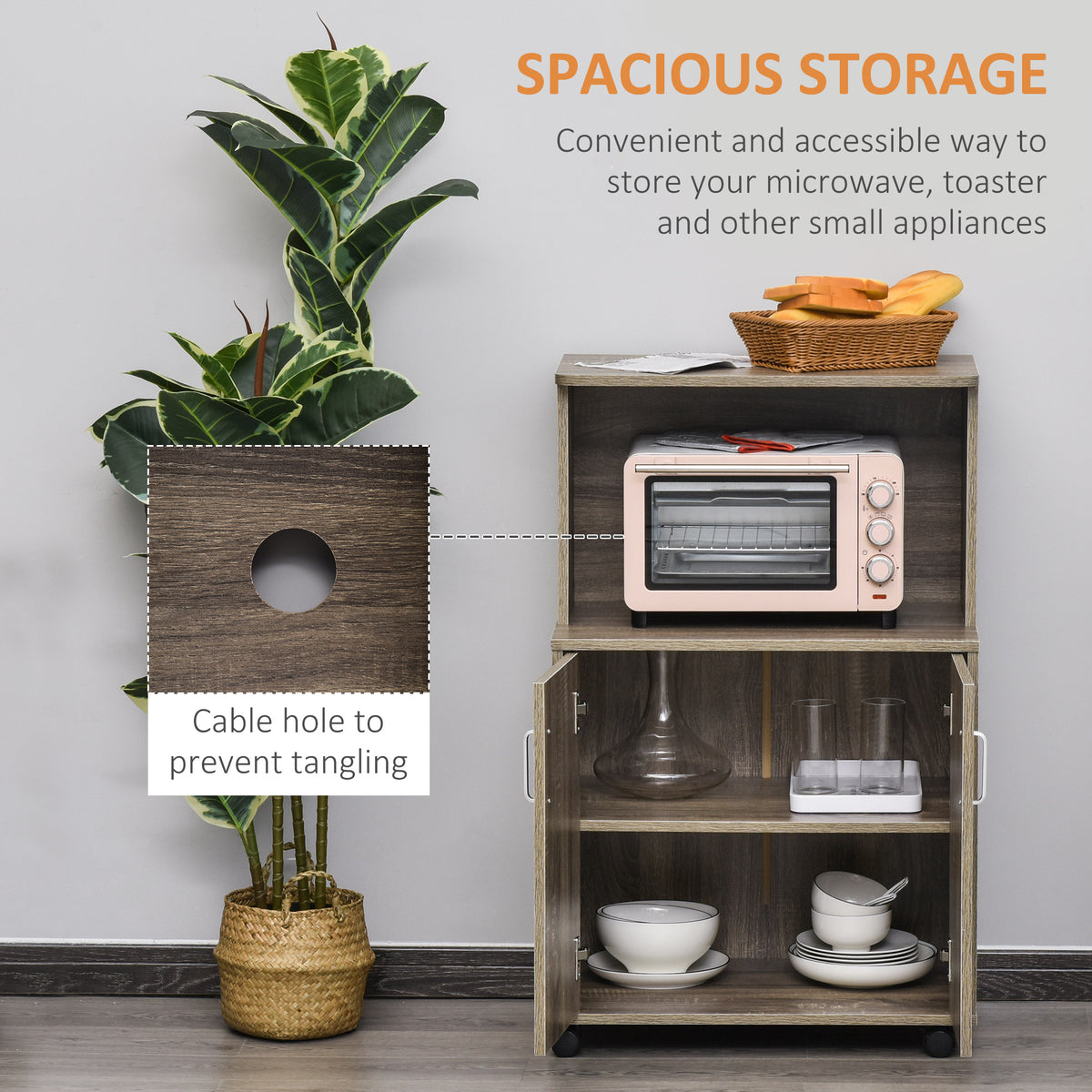 Microwave Cart on Wheels Utility Trolley Storage Sideboard Bookcase with 2-door Cabinet, Grey Wood Grain