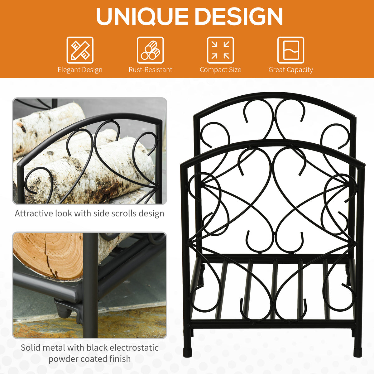 16" Heavy Duty Metal Fireplace Log Holder, Firewood Rack Outdoor for Fireplace Storage, Black