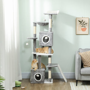 65 Inch Cat Tree with 2 Doors Condos, Plush Top Perch, Hammock, Sisal Scratching Posts, 4 Pompoms, Ramp – view 7