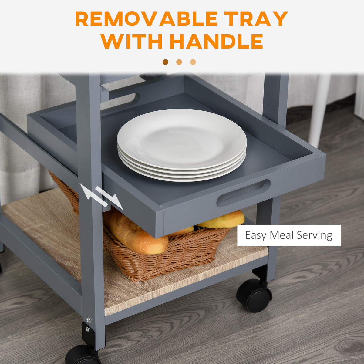 Rolling Kitchen Island Cart, Mobile Utility Storage Cart with Drawer, Wire Storage Basket, Removable Tray – view 4