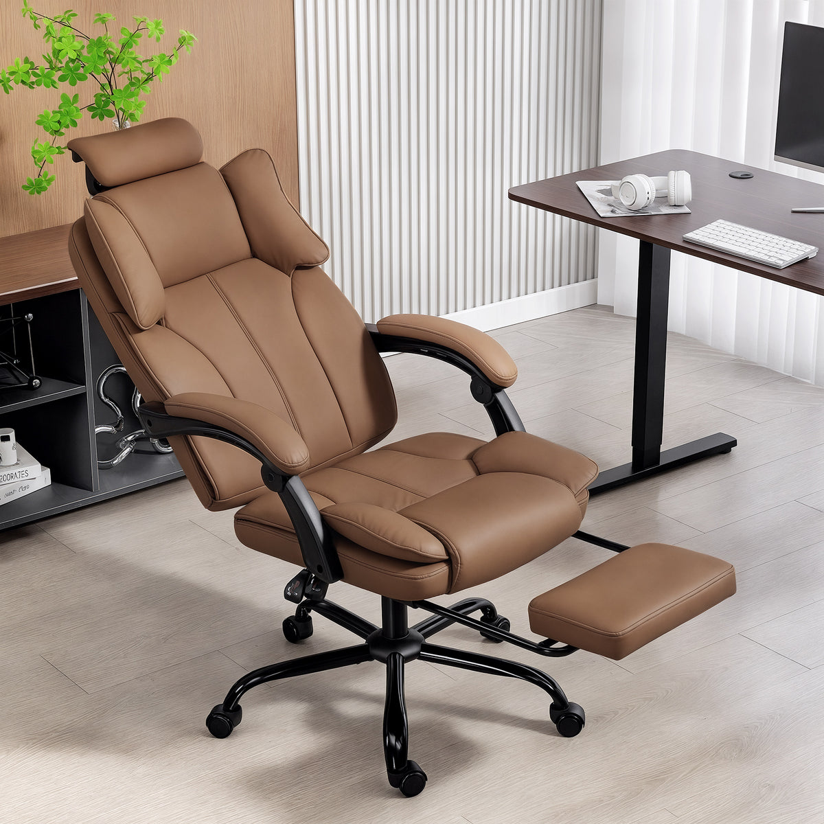 Reclining Office Chair, Executive Desk Chair with Pet-Friendly Fabric, Headrest, Footrest, Swivel Wheels – view 14