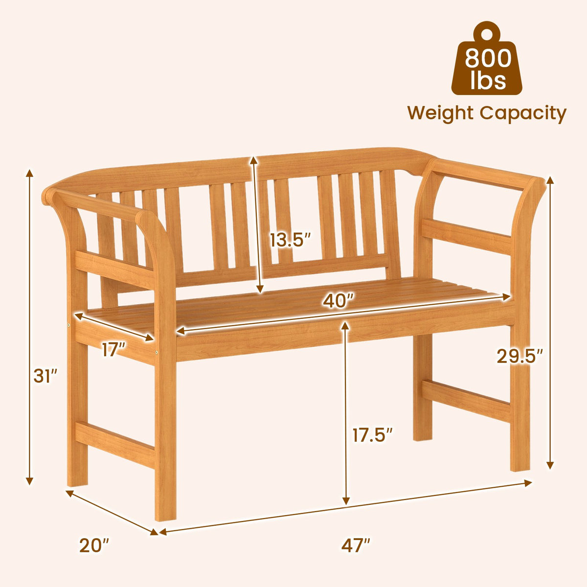 Acacia Wood 2-Person Patio Loveseat with Backrest and Armrests view 4