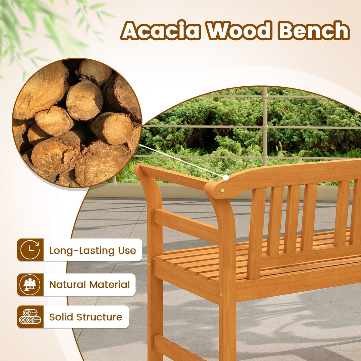 Acacia Wood 2-Person Patio Loveseat with Backrest and Armrests view 6