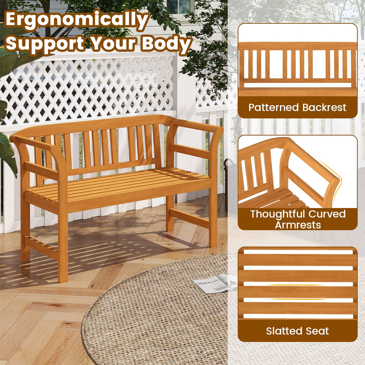Acacia Wood 2-Person Patio Loveseat with Backrest and Armrests view 8