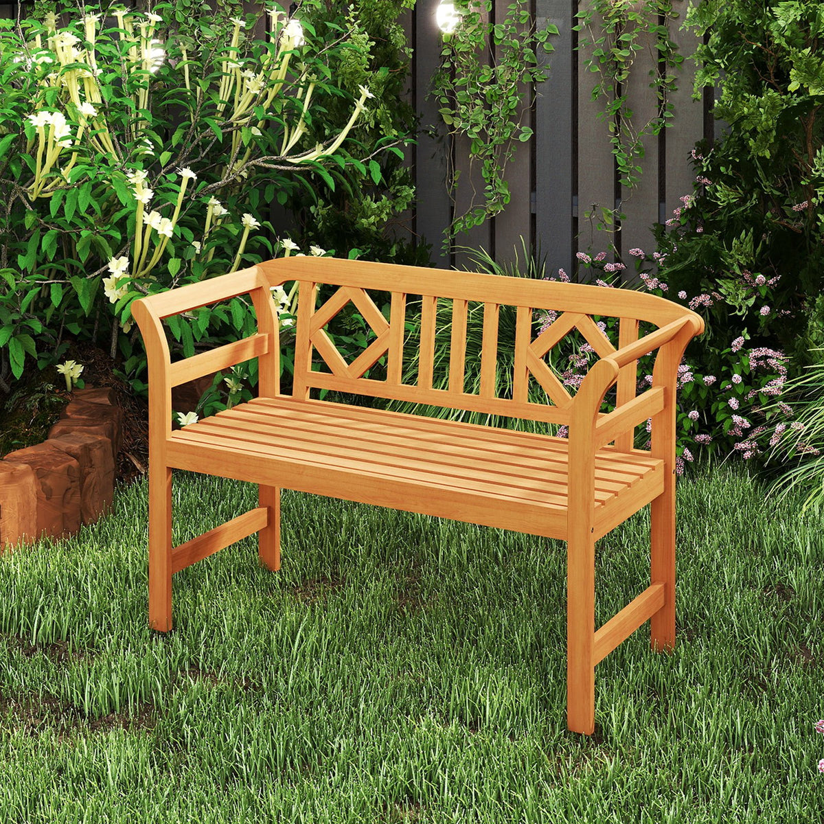 Acacia Wood 2-Person Patio Loveseat with Backrest and Armrests for Porch view 3