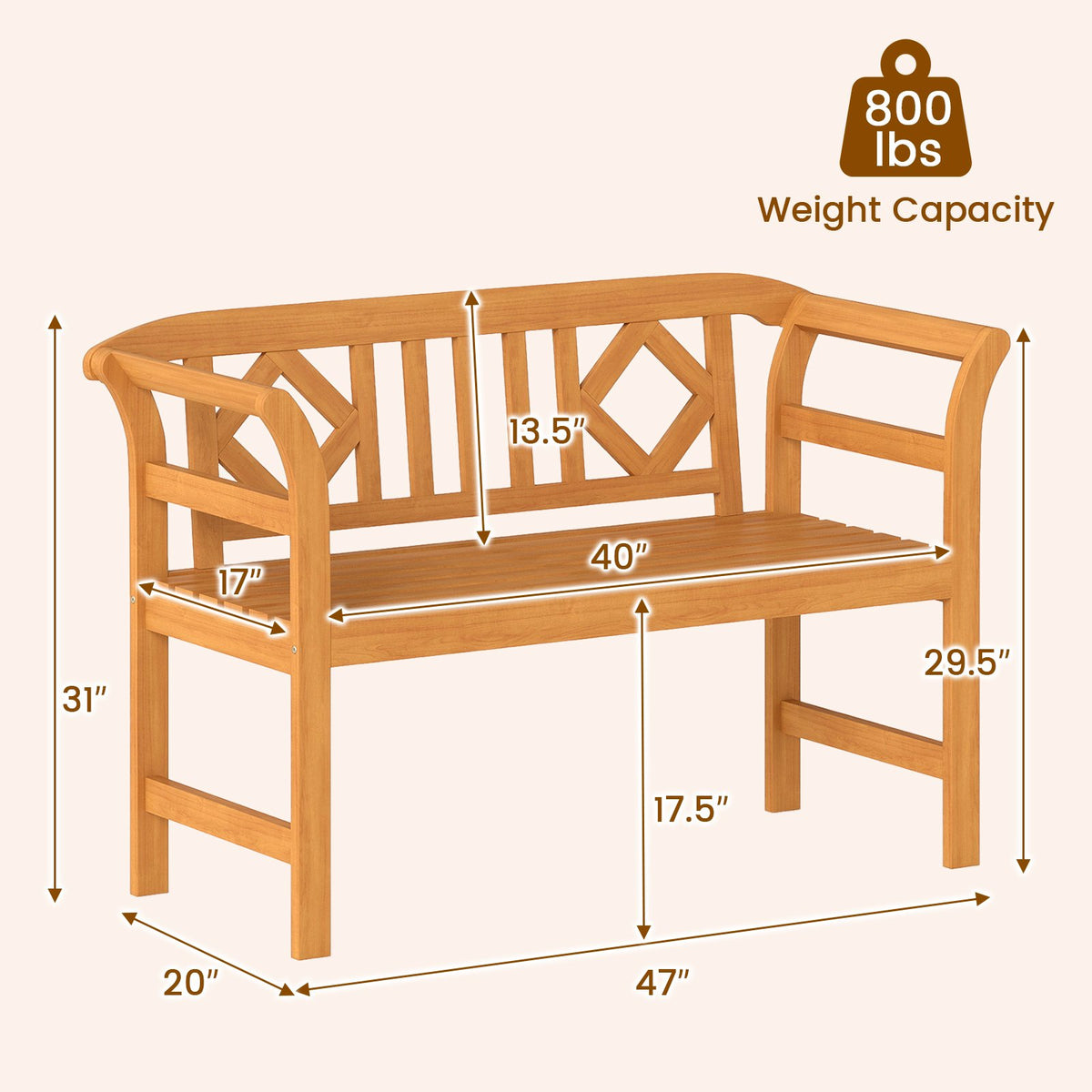 Acacia Wood 2-Person Patio Loveseat with Backrest and Armrests for Porch view 4