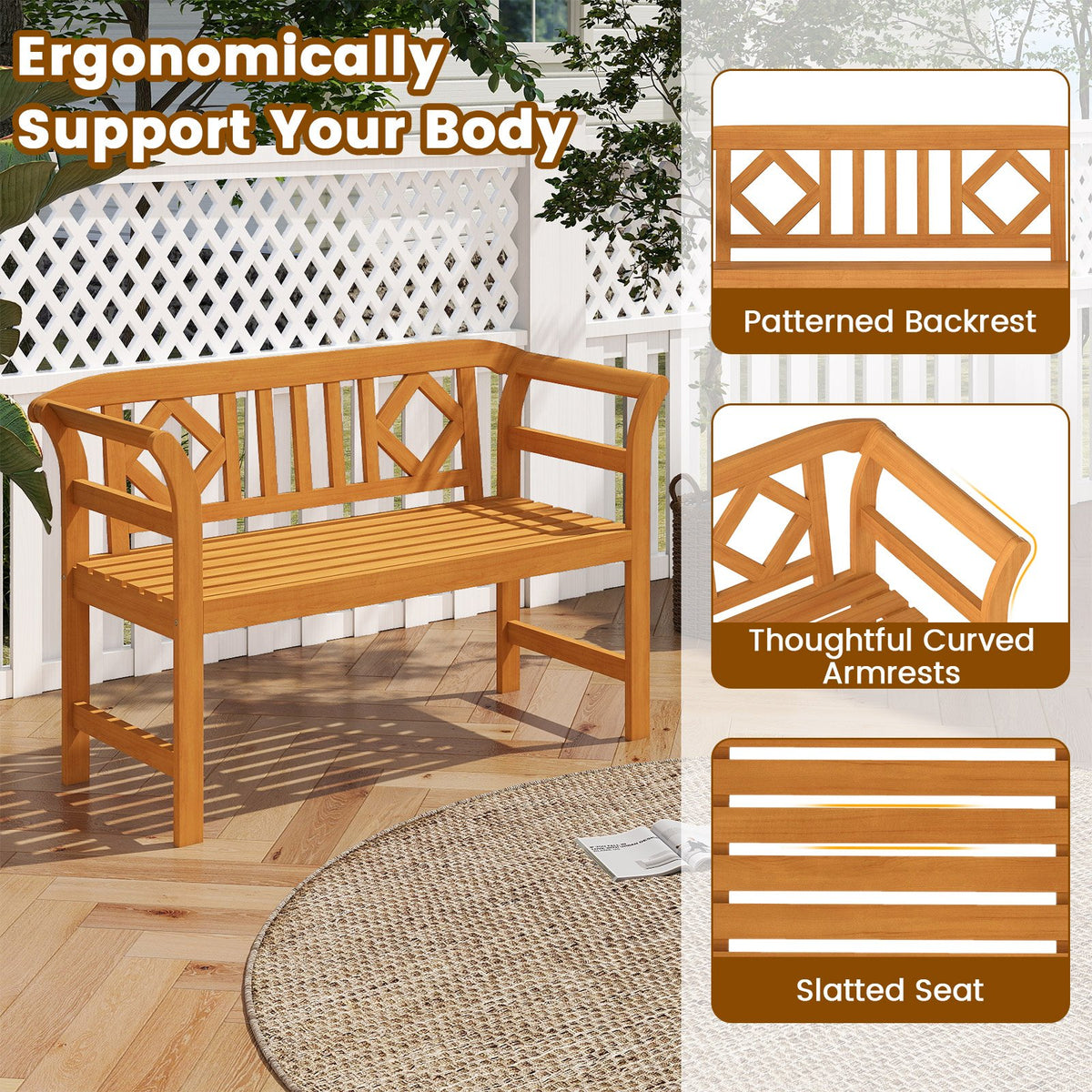 Acacia Wood 2-Person Patio Loveseat with Backrest and Armrests for Porch view 8