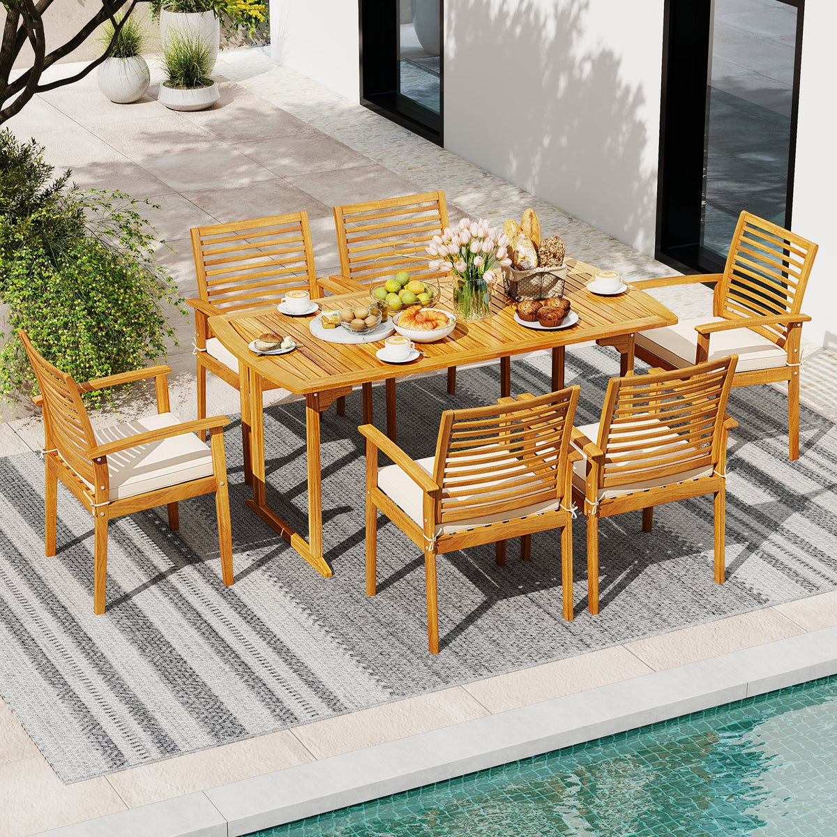 Acacia Wood 7-Piece Patio Dining Set with Umbrella Hole view 2